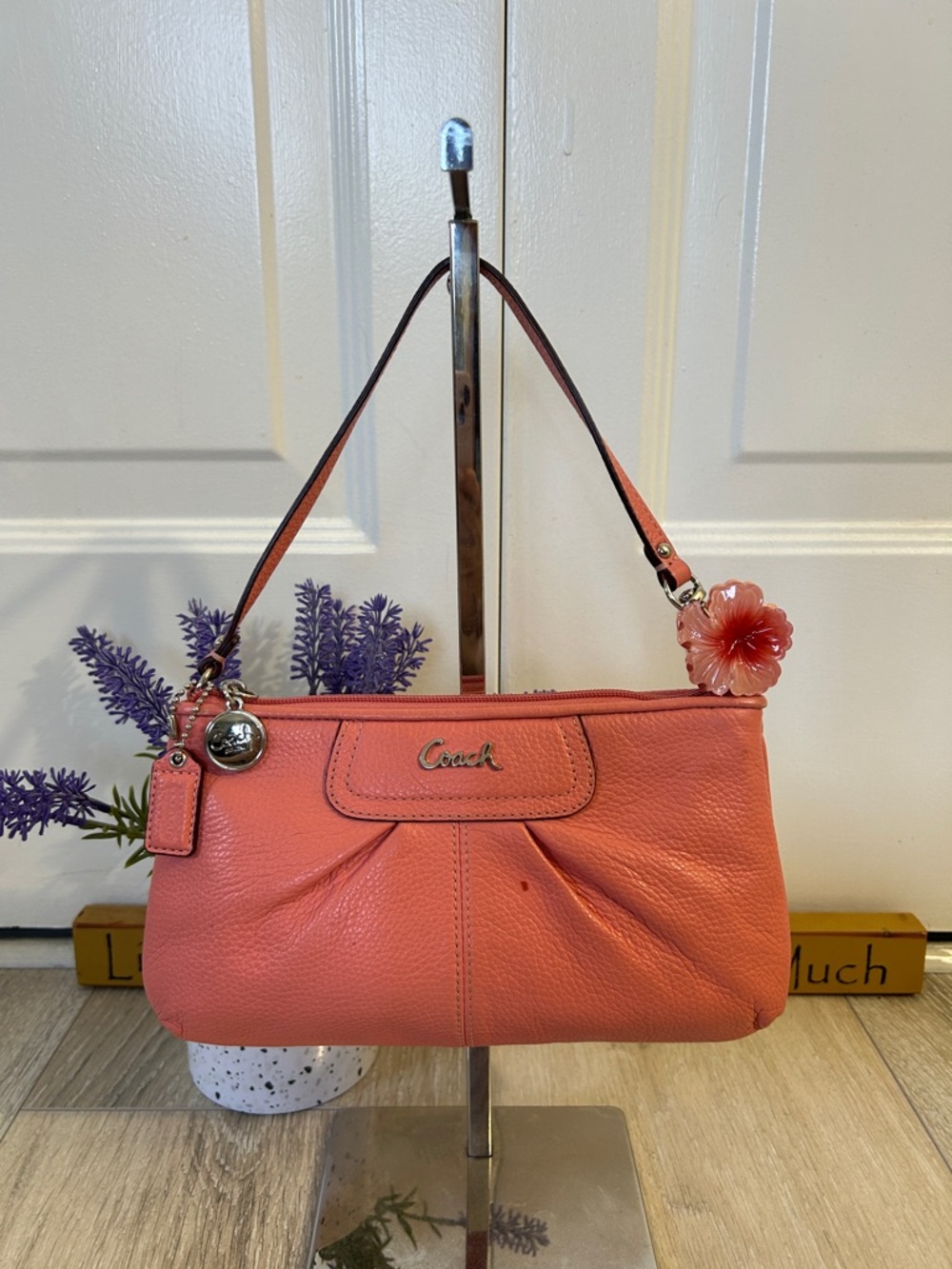Coach Vintage Coral Pink Leather Shoulder Bag with Floral Charm